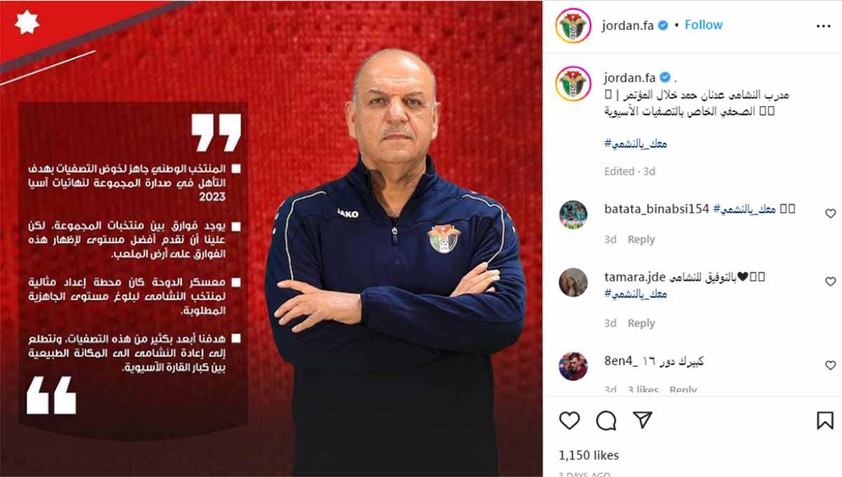 Pelatih Yordania, Adnan Hamad, menilai bahwa Timnas Indonesia sudah berkembang setelah sempat merepotkan timnya di Kualifikasi Piala Asia 2023. Foto: Instagram@jordan.fa