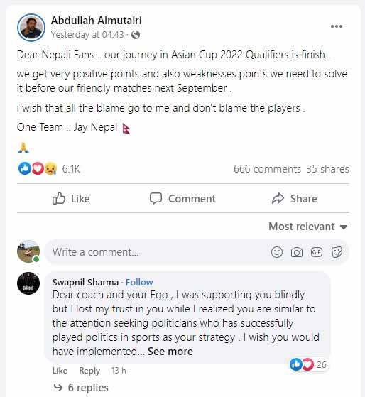 Pelatih Nepal Abdullah Al Mutairi meminta maaf usai gagal di Kualifikasi Piala Asia. Sumber: facebook/Abdullah Almutairi Copyright: facebook/Abdullah Almutairi