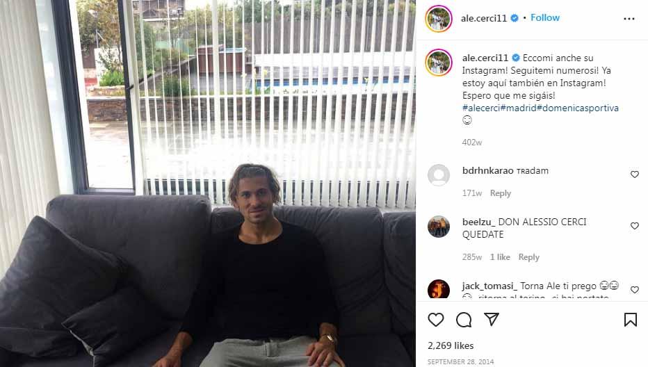 Eks Atletico Madrid dan AC Milan, Alessio Cerci. Foto: Instagram@ale.cerci11.