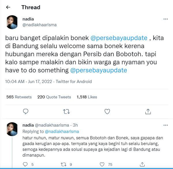 Cuitan Nadia Kharisma soal pemalakan Bonek di Bandung Copyright: Twitter @nadiakhaarisma