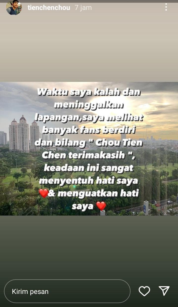 Kandas di Indonesia Open 2022, Chou Tien Chen, tulis kesan mendalam soal penonton di Istora Senayan. Copyright: Instagram Story @tienchenchou