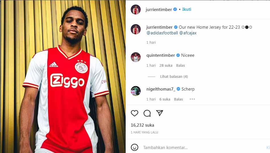 Jurrien Timber, pemain Ajax. Foto: Instagram@Jurrien Timber