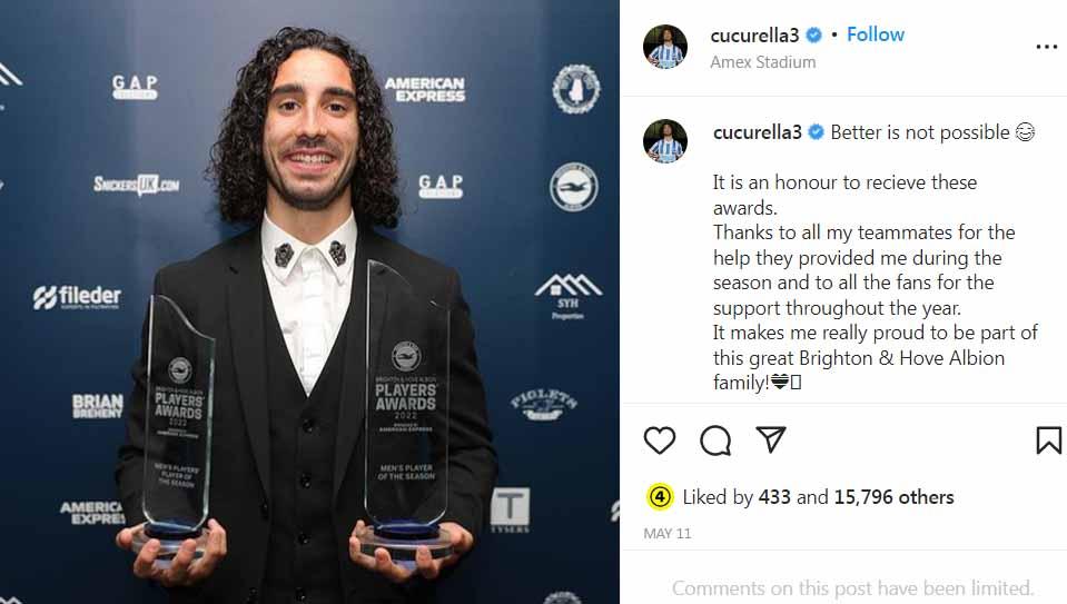Sukses memboyong Erling Haaland, Manchester City kini membidik bek buangan Barcelona yang saat ini membela Brighton, Marc Cucurella. Foto: Instagram@cucurella3