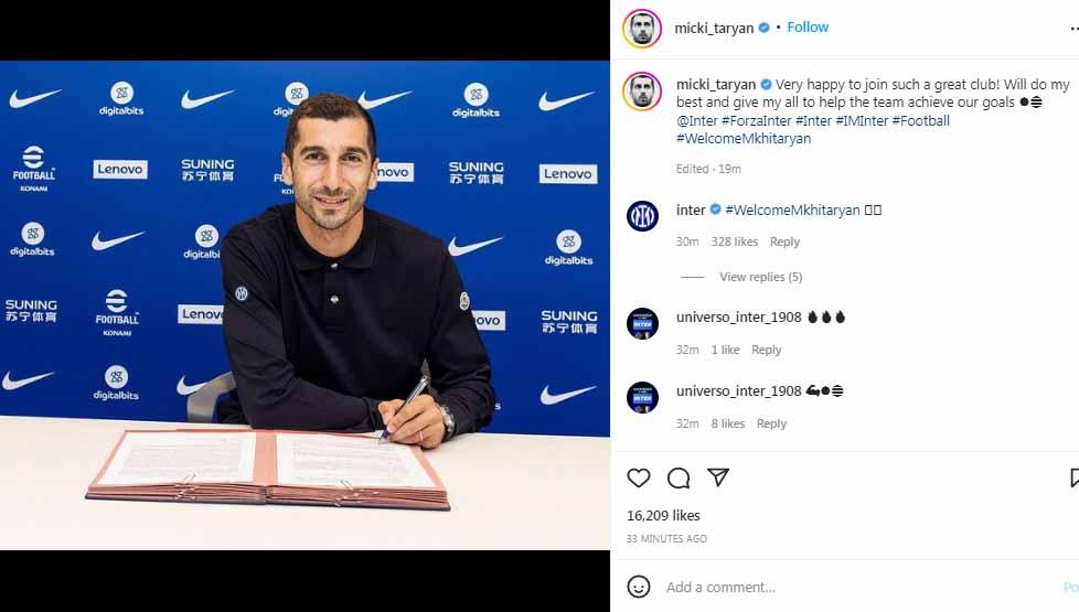 Klub Liga Italia, Inter Milan, resmi memperkenalkan rekrutan terbaru mereka dari AS Roma, Henrikh Mkhitaryan, pada bursa transfer. Foto: Instagram@micki_taryan