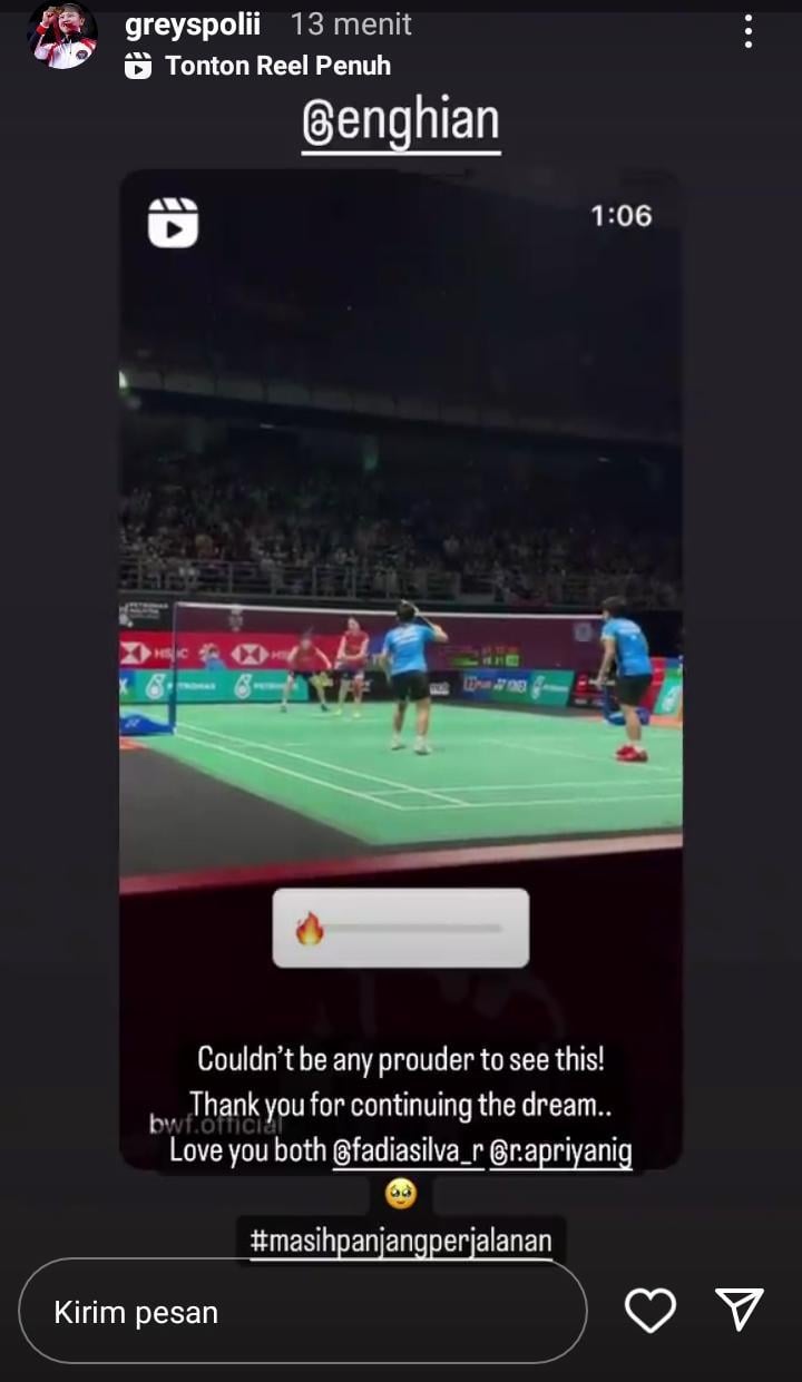 Ungkapan haru Greysia Polii saat Apriyani Rahayu/Siti Fadia Silva Ramadhanti juara Malaysia Open 2022. Copyright: Instagram Story @greyspolii