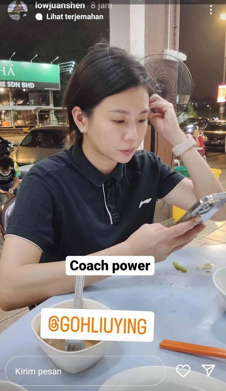 Goh Liu Ying jadi pelatih Goh V Shem/Low Juan Shen di Malaysia Masters 2022. Foto: Instastory@lowjuanshen Copyright: Instastory@lowjuanshen