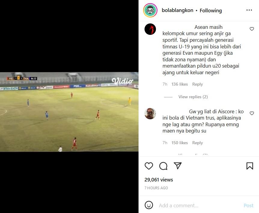 Komentarfans timnas Indonesia untuk laga Vietnam vs Thailand di Piala AFF U-19 2022 Copyright: Instagram: @bolablangkon