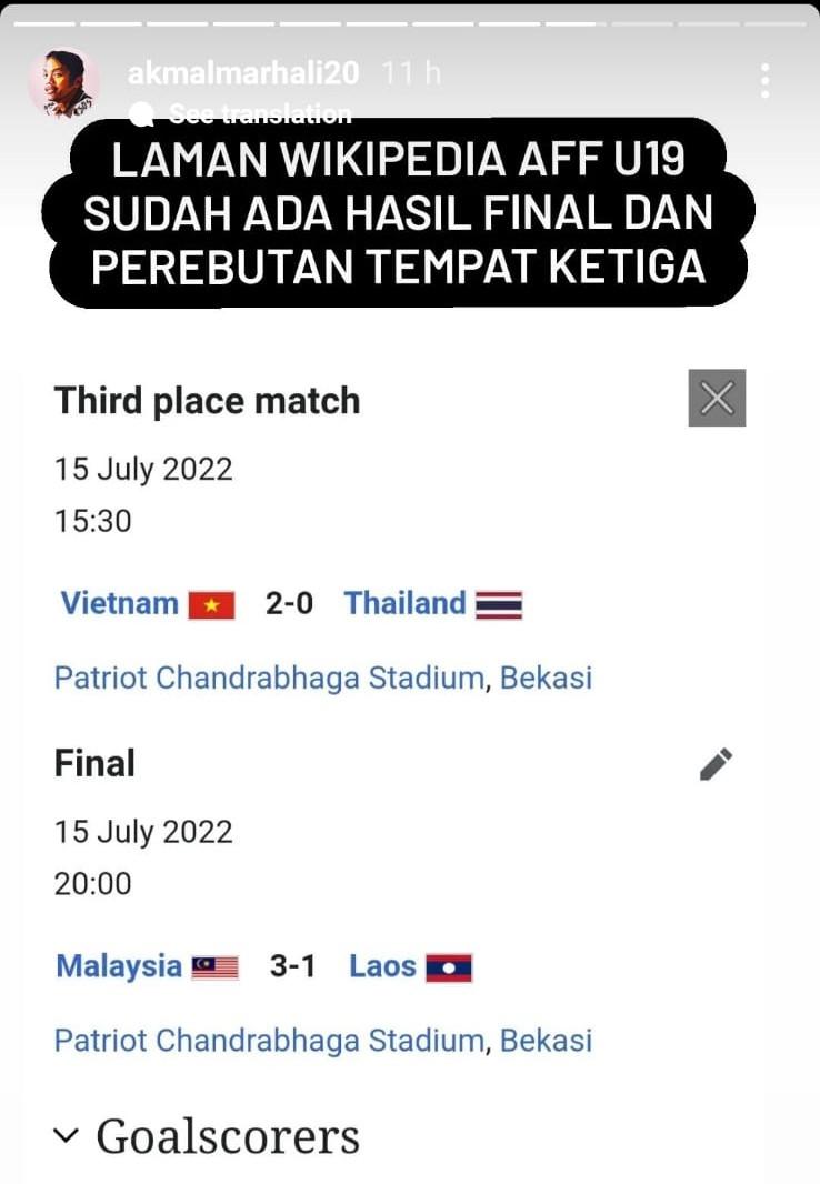 Wikipedia menulis prediksi final Piala AFF U-19 2022, Malaysia menang atas Laos. Copyright: Instagram @akmalmarhali20/Wikipedia AFF U-19 Youth Championship 2022.
