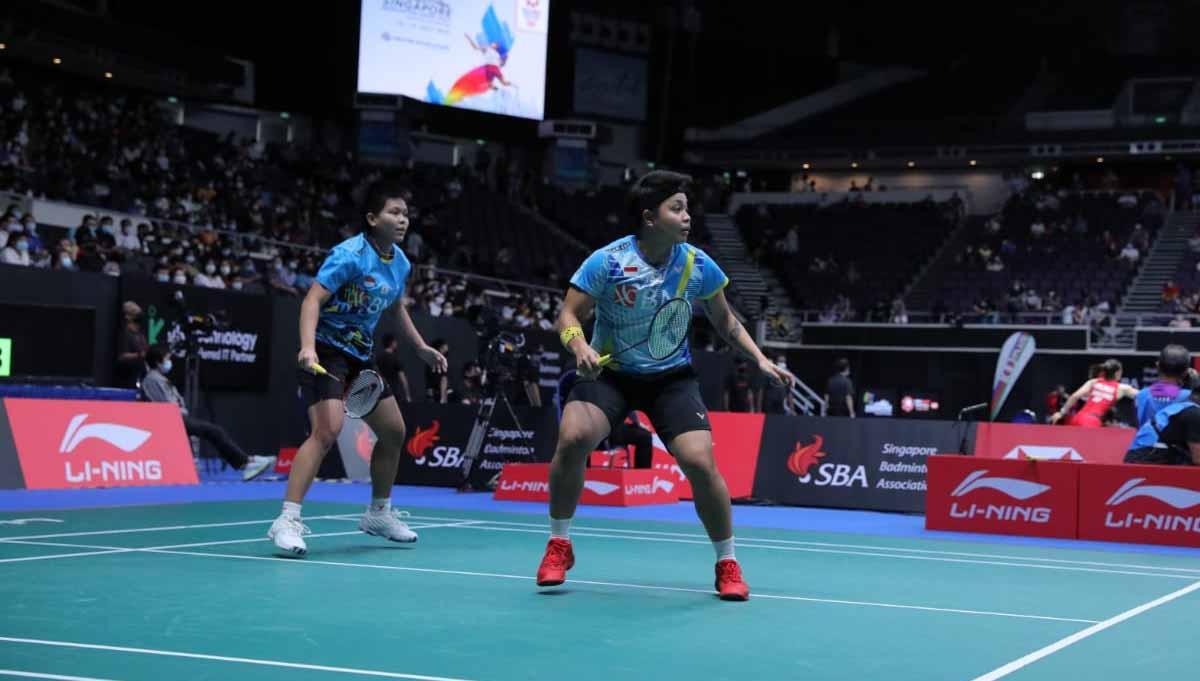 Pasangan ganda putri Indonesia, Apriyani Rahayu/Siti Fadia Silva Ramadhanti di laga Singapore Open 2022.. Foto: PBSI