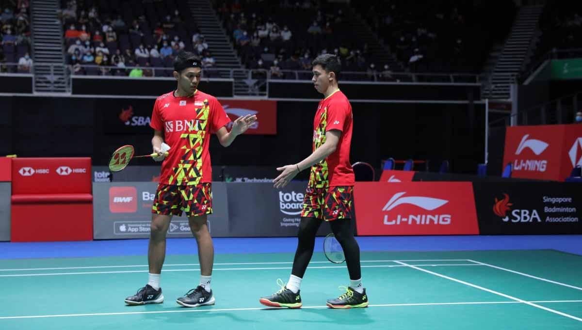 Pasangan ganda putra Indonesia, Fajar Alfian/Muhammad Rian Ardianto di laga Singapore Open 2022. Foto: PBSI
