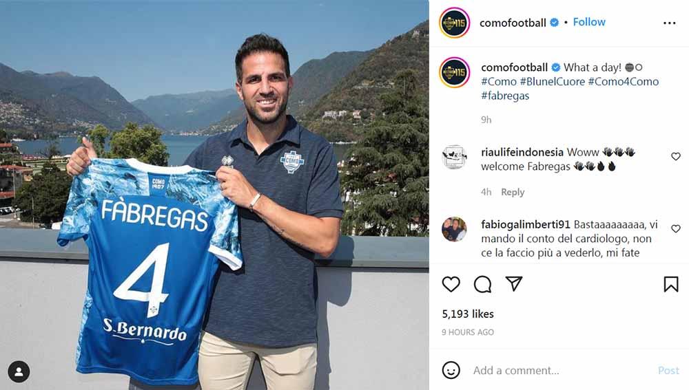 Cesc Fabregas resmi ke klub kasta kedua Liga Italia atau Serie B, Como FC. Foto: Instagram@comofootball