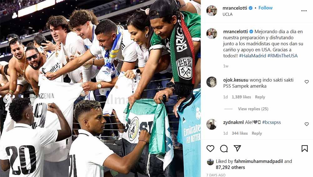 Wonderkid, sekaligus bintang Real Madrid, Rodrygo, kedapatan menandatangani bendera salah satu klub Liga 1 Indonesia, PSS Sleman, yang dibawa oleh penggemar sepak bola. Foto: Instagram@mrancelotti