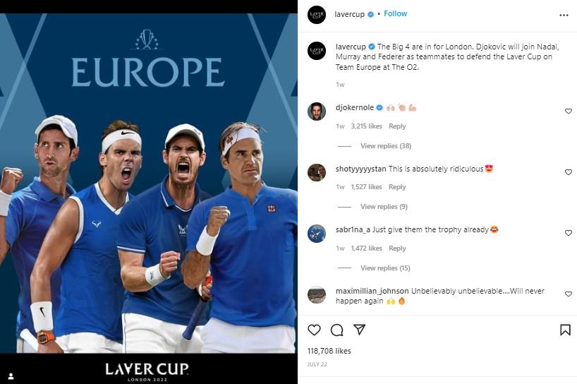 Big 4 di Team Europe Laver Cup 2022. Foto: instagram/lavercup. Copyright: instagram/lavercup