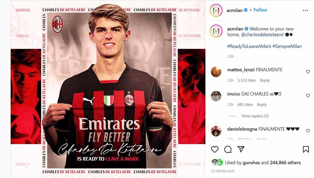 Raksasa Liga Italia (Serie A), AC Milan resmi merekrut Charles De Ketelaere pada bursa transfer musim panas. Berikut detil kontraknya. Foto: Instagram@acmilan - INDOSPORT
