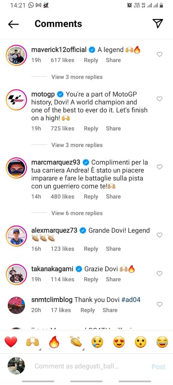 Andrea Dovizioso dapat dukungan dari Marc Marquez dkk usai nyatakan pensiun dari MotoGP. Copyright: Instagram/AndreaDovizioso