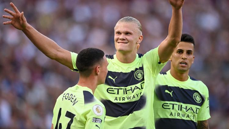 West Ham United vs Manchester City, Erling Braut Haaland merayakan gol keduanya bersama Phil Foden dan Joao Cancelo REUTERS-Tony