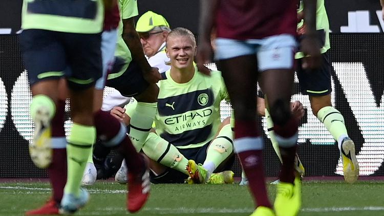 West Ham United vs Manchester City, Selebrasi Erling Braut Haaland merayakan gol pertama REUTERS-Tony