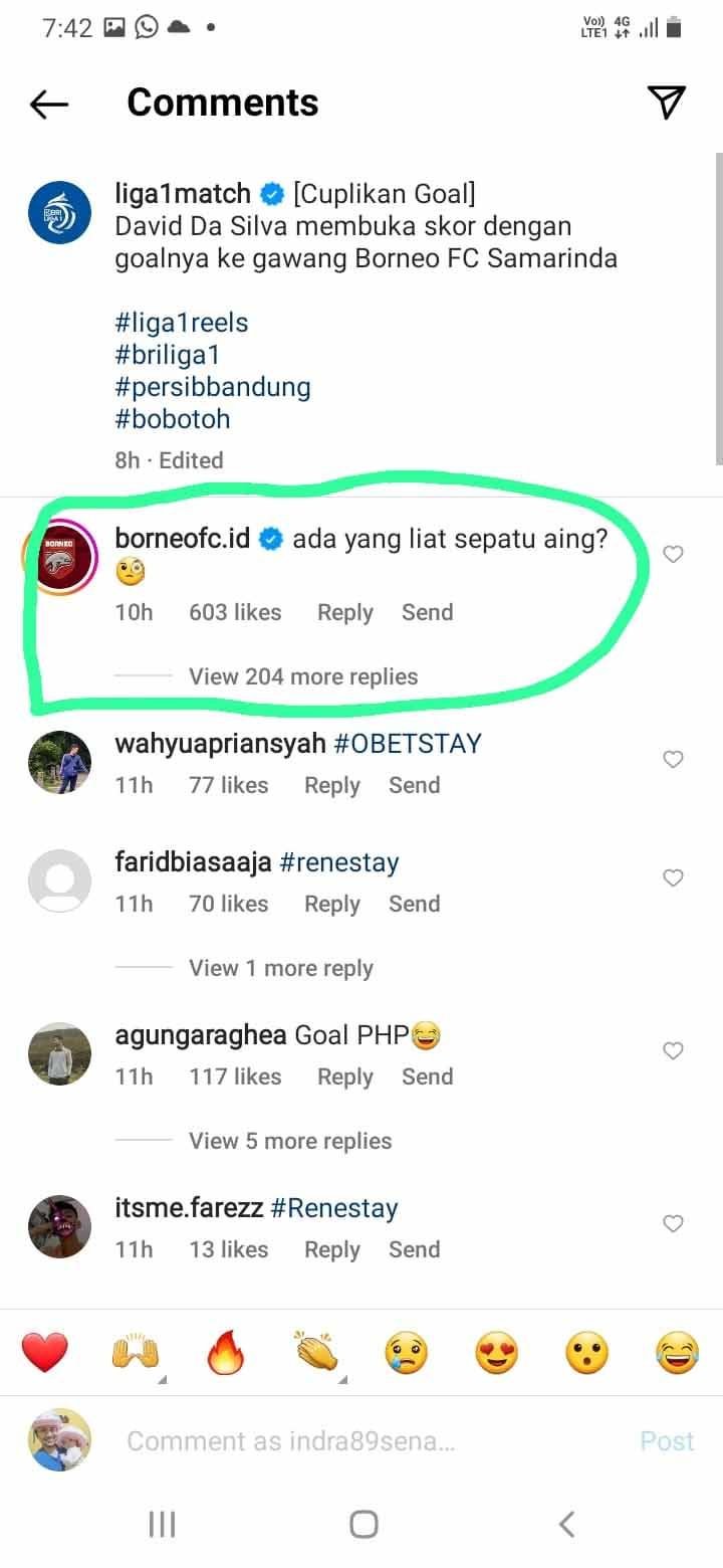 Sekalian ini ya, Admin Borneo FC mengomentari unggahan Liga 1 soal kemenangan timnya 4-1 atas Persib Bandung. Copyright: Borneo FC