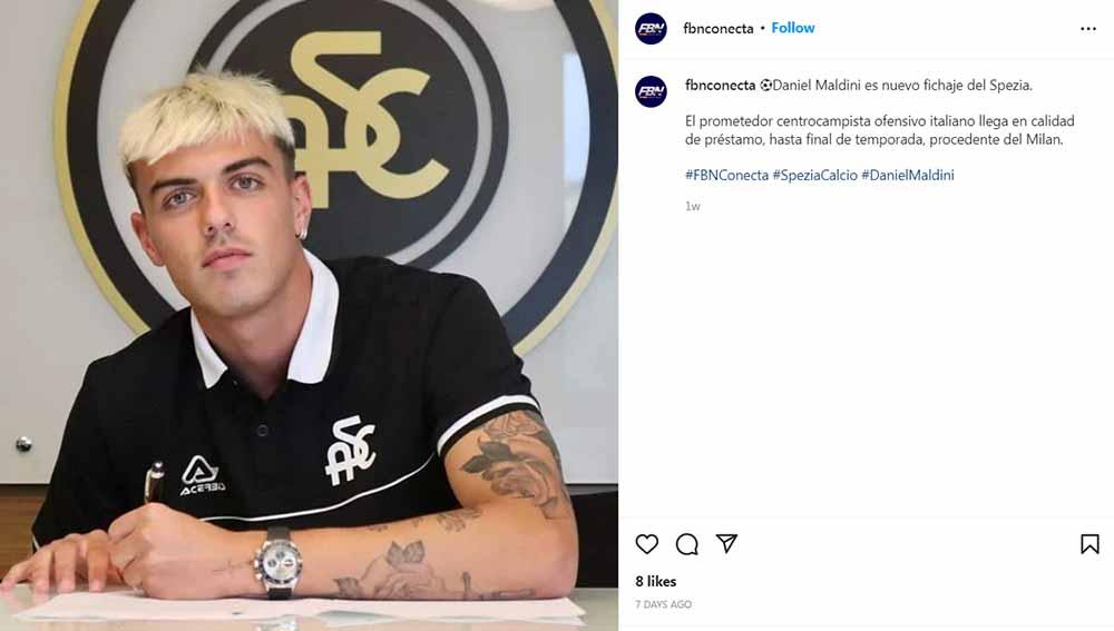 Keberhasilan Daniel Maldini dalam laga Liga Italia antara Spezia vs Inter Milan membuat bangga sang klub induk, AC Milan. Foto: Instagram@#danielmaldini