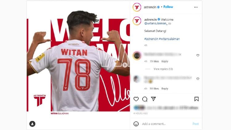 Bintang Timnas Indonesia Asnawi Mangkualam turut berkomentar saat Witan Sulaeman mengunggah foto dengan jersey tim barunya, AS Trencin. - INDOSPORT
