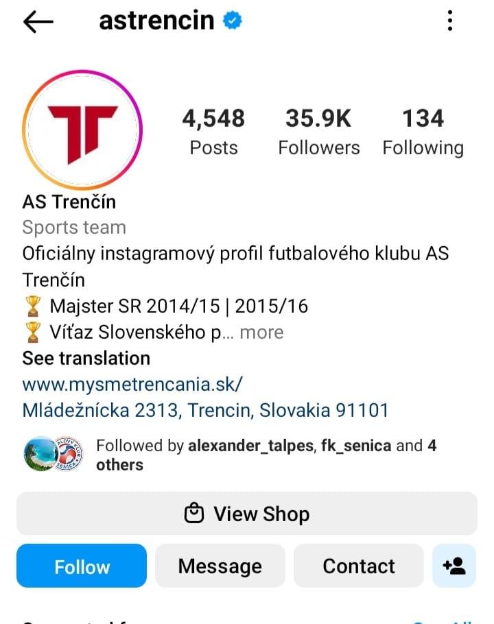 Jumlah followers klub Liga Slovakia, AS Trencin. Copyright: Instagram