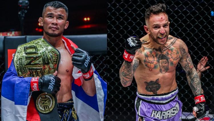 Nong-O Gaiyanghadao (kiri) akan menghadapi Liam “Hitman” Harrison dalam laga perebutan Gelar Dunia ONE Muay Thai bantamweight di ONE Fight Night 1: Moraes vs. Johnson.