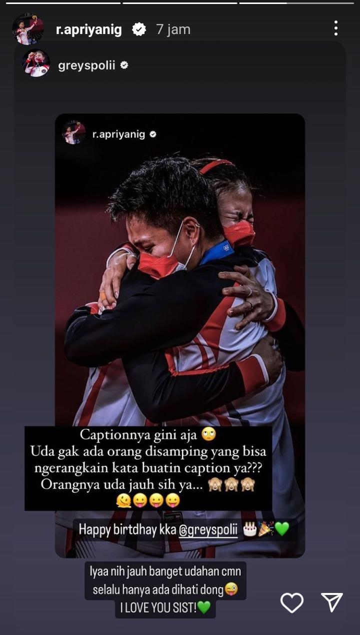 Ucapkan ulang tahun terlalu sederhana, Apriyani Rahayu langsung diprotes Greysia Polii. Copyright: Instagram story @r.apriyanig