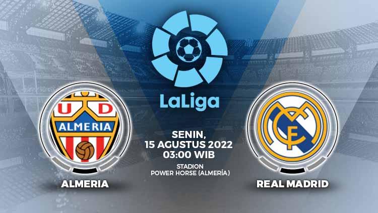 Jadwal Liga Spanyol 2023/2024 hari ini, Sabtu (19/08/23), Real Madrid bakal melawat ke markas Almeria.
