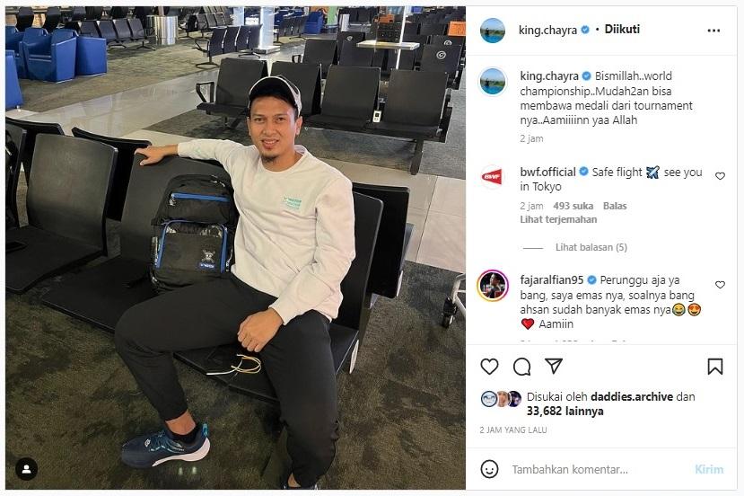 Fajar Alfian tebar psywar di unggahan terbaru Mohammad Ahsan jelang Kejuaraan Dunia Bulutangkis 2022 Copyright: Instagram/@king.chayra