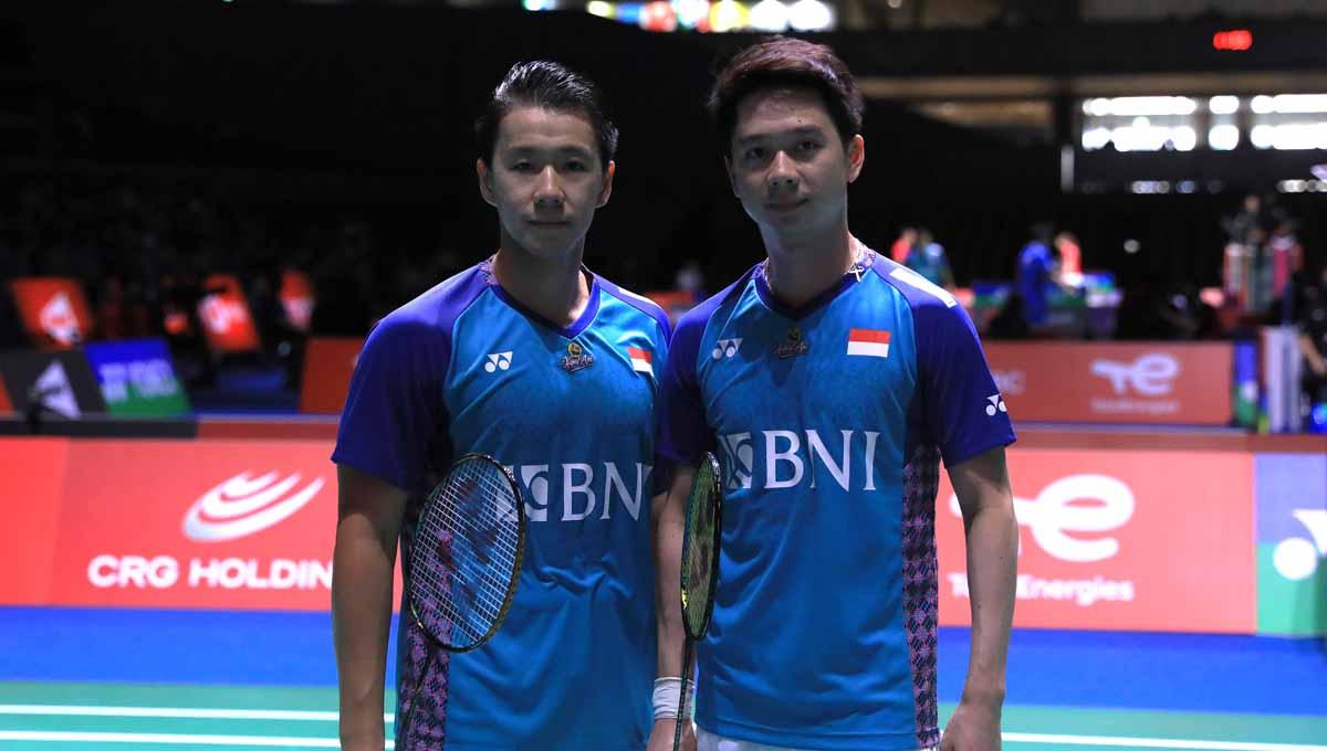 Pasangan ganda putra Indonesia Marcus Gideon/Kevin Sanjaya di Kejuaraan Dunia Bulutangkis 2022. Foto: PBSI