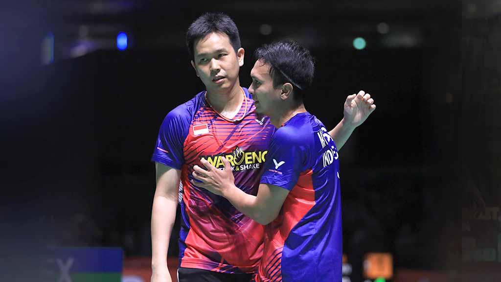 Pasangan ganda putra Indonesia, Mohammad Ahsan/Hendra Setiawan di Kejuaraan Dunia Bulutangkis 2022. Foto: PBSI