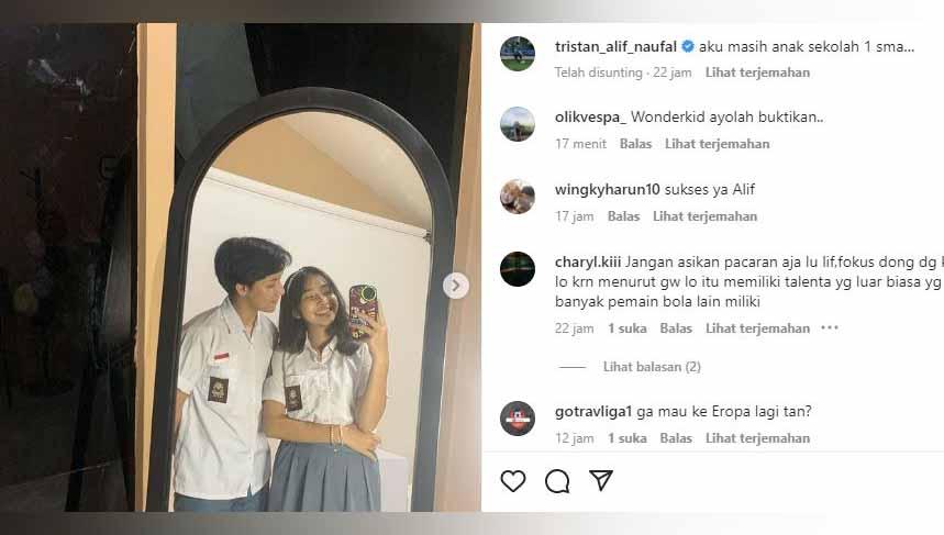 Gaya pacaran pesepak bola Tristan Alif Naufal dan Michelle Charlotte Amanda. Foto: Instagram@tristan_alif_naufal