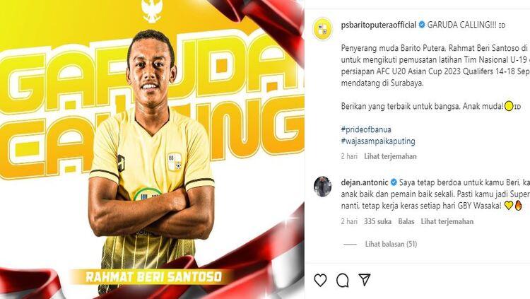 Rahmat Beri Santoso, pemain muda Barito Putera dipanggil untuk memperkuat Timnas Indonesia U-19.
