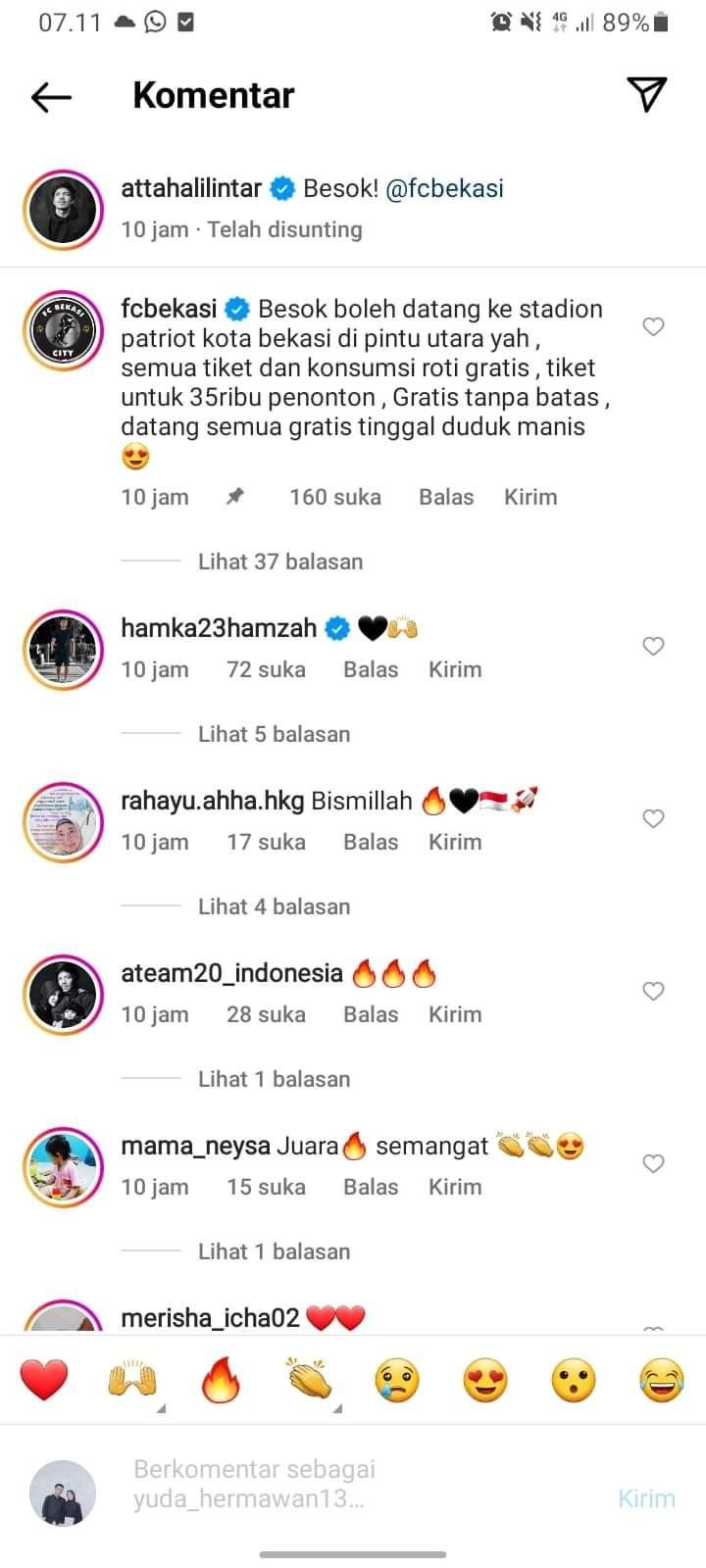 FC Bekasi City gratiskann tiket di laga perdana Liga 2 2022 Copyright: Instagram/Atta Halilintar