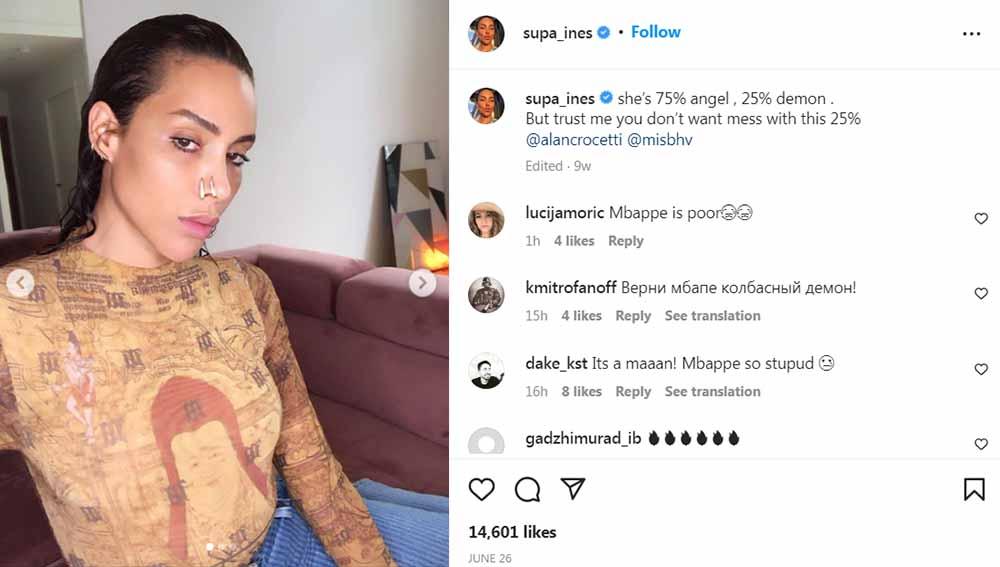 Megabintang Liga Prancis (Ligue 1), Paris Saint-Germain, Kylian Mbappe, mengejutkan publik setelah menjalin hubungan dengan model transgender, Ines Rau. Foto: Instagram@supa_ines