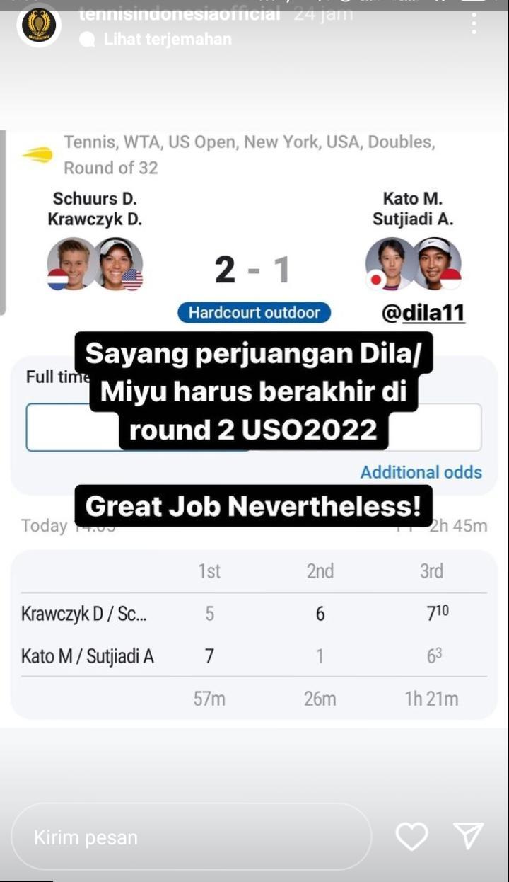 Petenis Indonesia, Aldila Sutjiadi, dan partnernya asal Jepang, Miyu Kato, tersingkir di putara kedua US Open 2022, Minggu (04/09/22). Copyright: Instagram Story @tenisindonesiaofficial