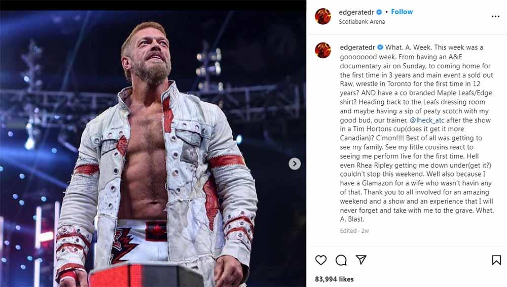 Edge, pegulat WWE. Foto: Instagram@edgeratedr