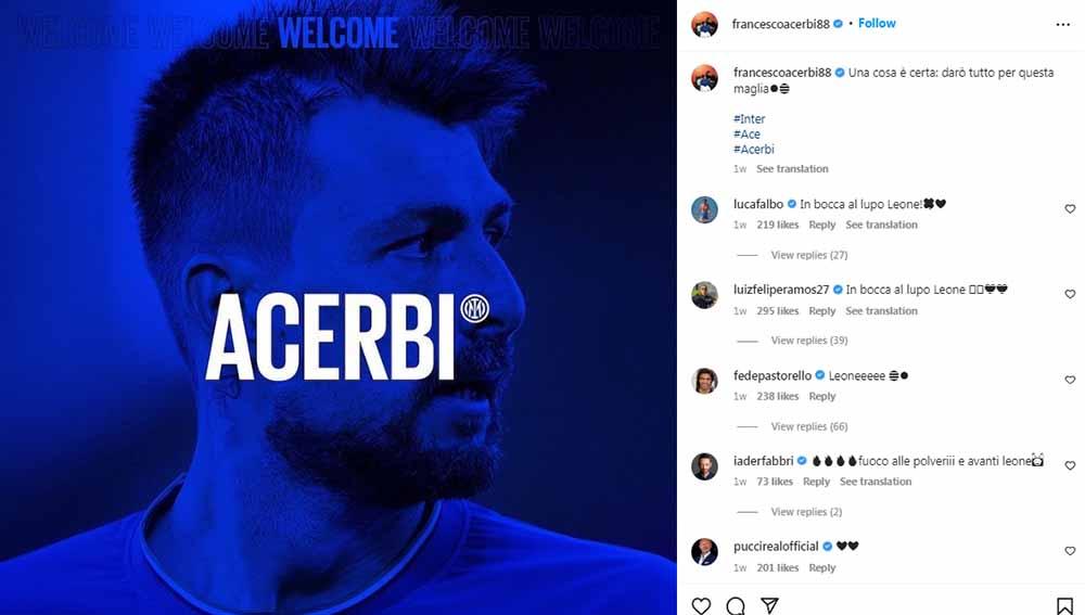 Francesco Acerbi tahu jika dirinya hanya pelapis di Inter Milan namun usai debutnya di Liga Champions ia ingin status lebih. Foto: Instagram@francescoacerbi88