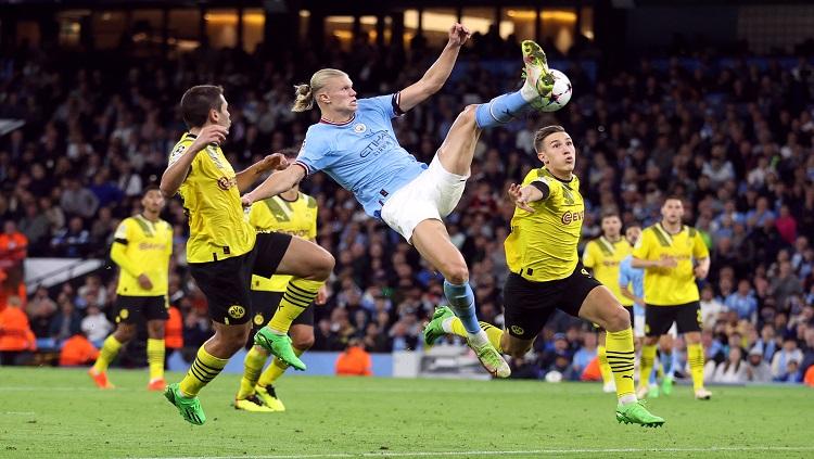 Aksi Erling Haaland di laga Grup G Liga Champions antara Manchester City v Borussia Dortmund REUTERS/Carl Recine