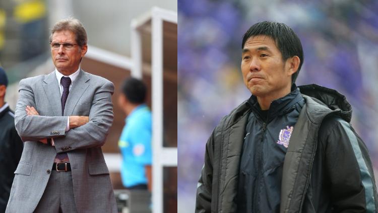 Pelatih asal Brasil Oswaldo de Oliviera (kiri) dan pelatih asal Jepang Hajime Moriyasu (kanan) menjadi dua pelatih tersukses sepanjang masa di Liga Jepang. - INDOSPORT