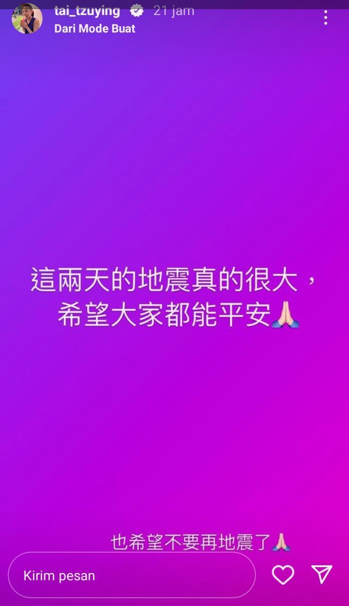 Pebulutangkis Chinese Taipei, Tai Tzu Ying, dilanda kekhawatiran atas musibah gempa di negaranya, Senin (19/09/22). Copyright: Instagram @tai_tzuying