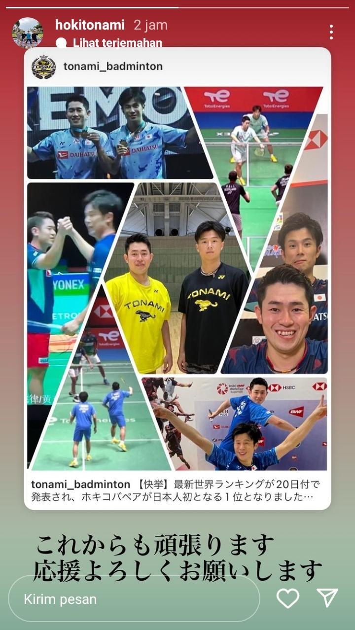 Respons Takuro Hoki usai lengserkan Kevin/Marcus dari ranking satu dunia ganda putra, Selasa (20/09/22). Copyright: Instagram Story @hokitonami