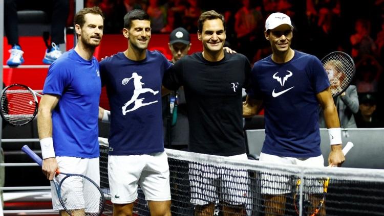Novak Djokovic, Roger Federer, dan Rafael Nadal di sesi latihan Laver Cup 2022. Foto: Action Images via Reuters/Andrew Boyers.