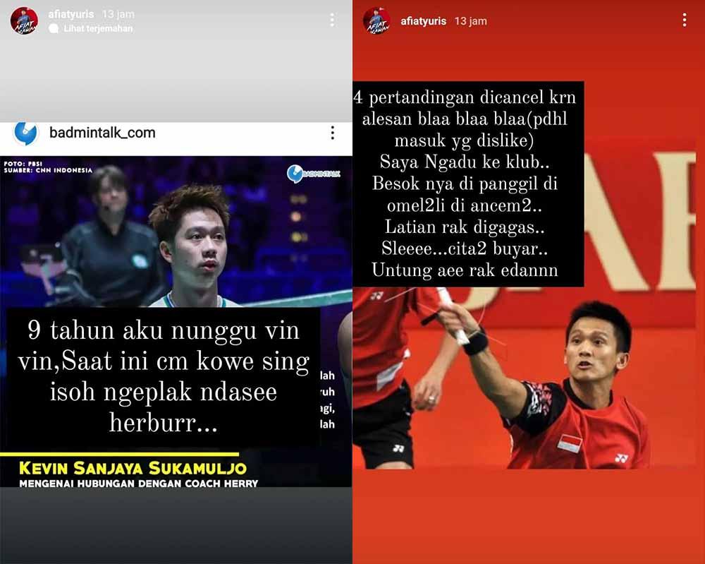 Eks ganda putra Indonesia, Afiat Yuris Wirawan beri dukungan untuk Kevin Sanjaya terkait polemik dengan Herry IP. Foto: Instastory@afiatyuris Copyright: Instastory@afiatyuris