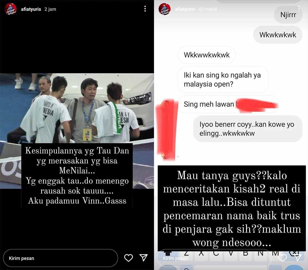 Eks ganda putra Indonesia, Afiat Yuris Wirawan beri dukungan untuk Kevin Sanjaya terkait polemik dengan Herry IP. Foto: Instastory@afiatyuris Copyright: Instastory@afiatyuris