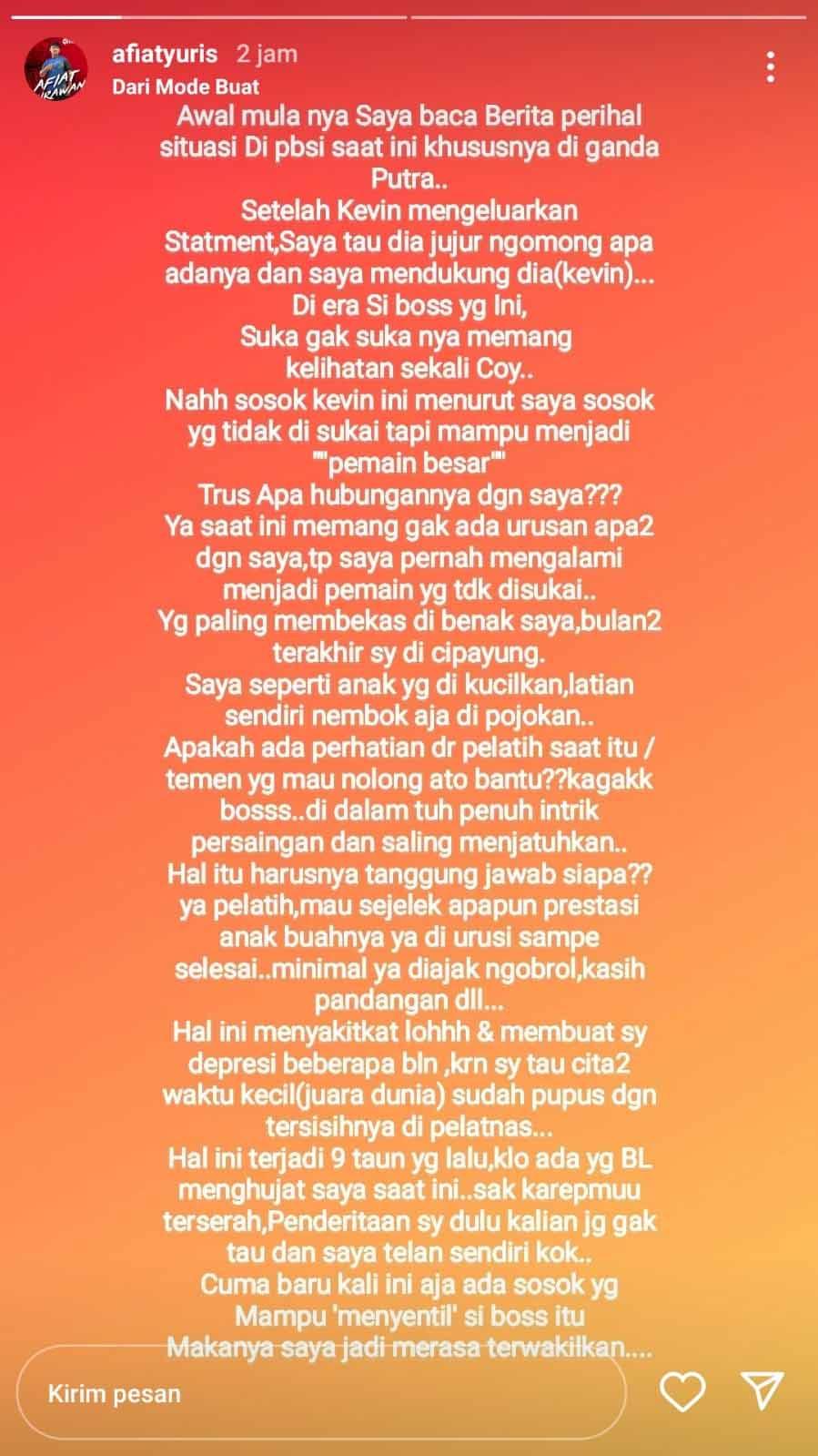 Eks ganda putra, Afiat Yuris Wirawan mengaku menderita selama di Pelatnas PBSI. Foto: Instastory@Afiatyuris Copyright: Instastory@Afiatyuris