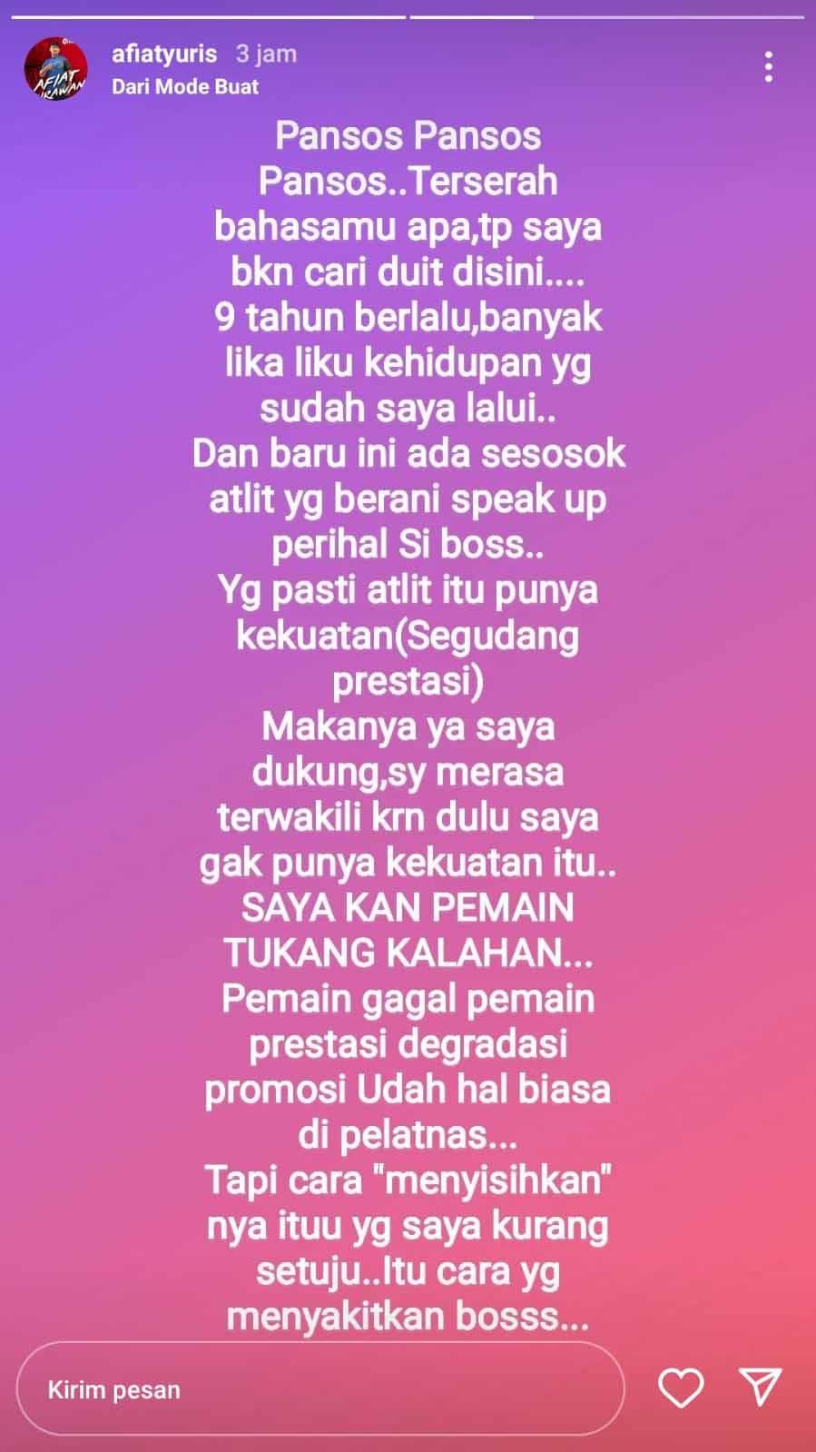 Eks ganda putra, Afiat Yuris Wirawan mengaku menderita selama di Pelatnas PBSI. Foto: Instastory@Afiatyuris Copyright: Instastory@Afiatyuris