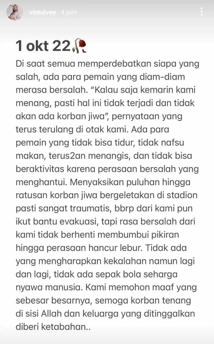 Istri Muhammad Rafli ungkap kondisi pemain Arema FC yang trauma dan merasa bersalah dengan tragedi Kanjuruhan. Foto: Instastory@vintulvee Copyright: Instastory@vintulvee