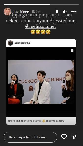 Diunggah oleh Christine Novitania, istri Mohammad Ahsan yang mengirimkan kode untuk bertemu Lee Min Ho.  (Foto: IG Story @just_itinee) Hak Cipta: instagram@just_itinee