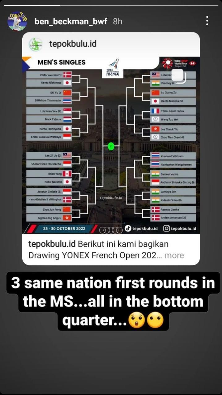 Ben Beckman soroti drawing French Open 2022, di mana Anthony Sinisuka Ginting dikepung pertarungan tiga negara. Copyright: Instagram/Ben Beckman